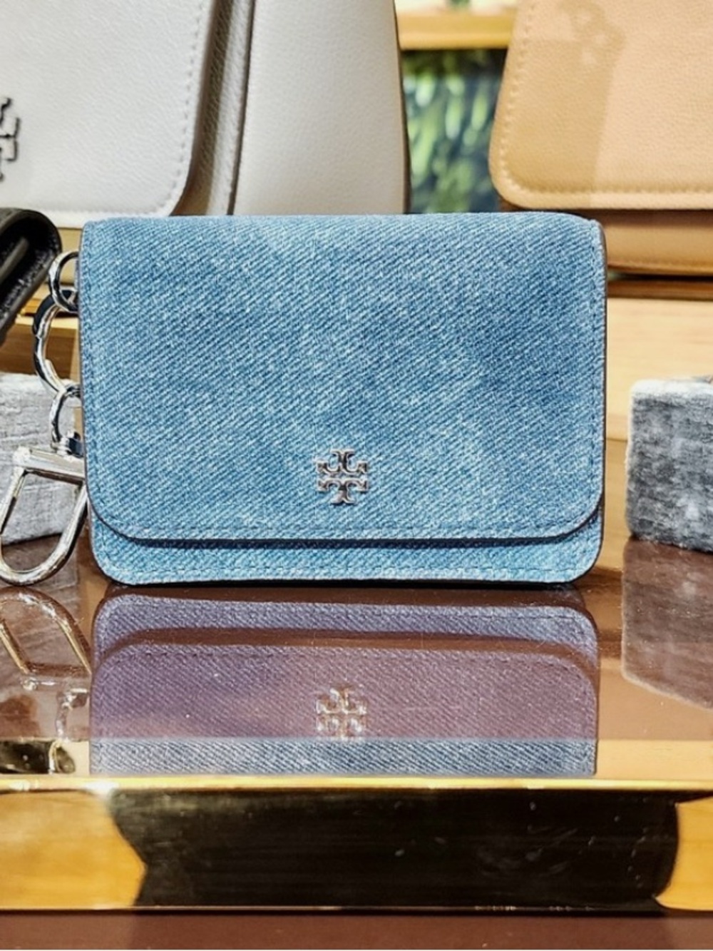 Tory Burch Light Blue Denim Card Wallet with Silver Logo